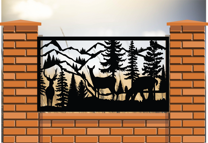 Decorative Rustic Metal Panel- Buck, Doe, Fawn in Mountains and Forest Scene