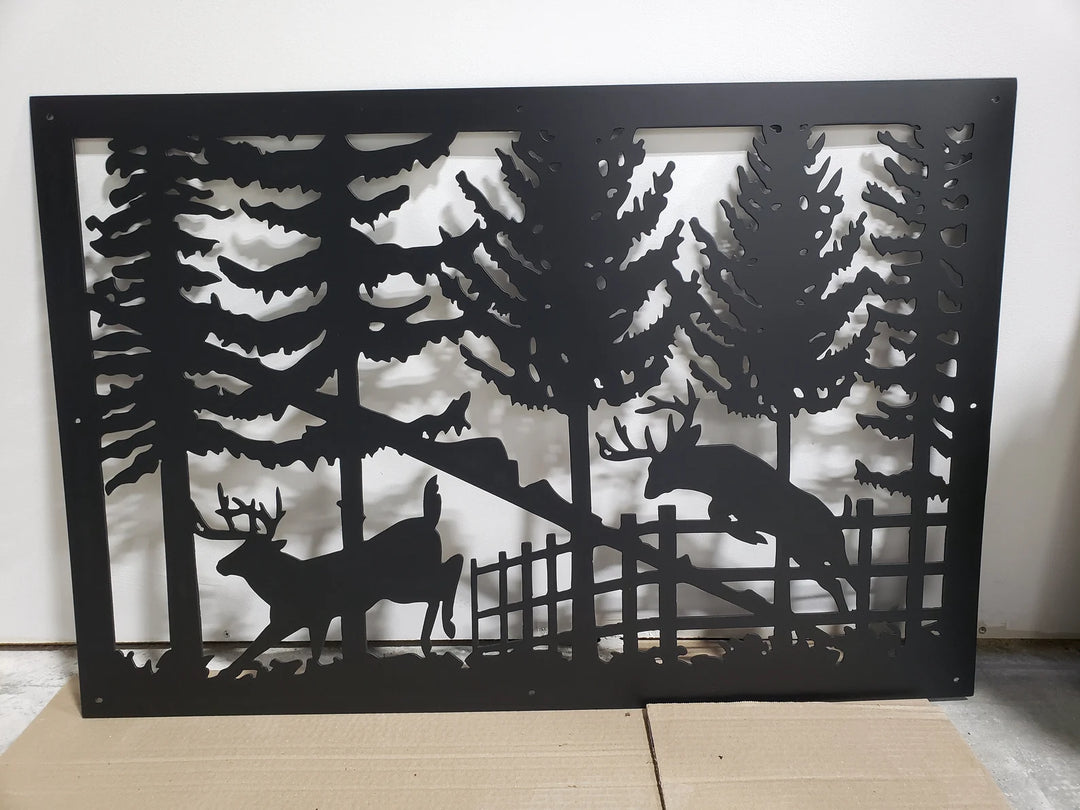 Decorative Metal Panel Insert- Wildlife Scenery of Deer Over Fence